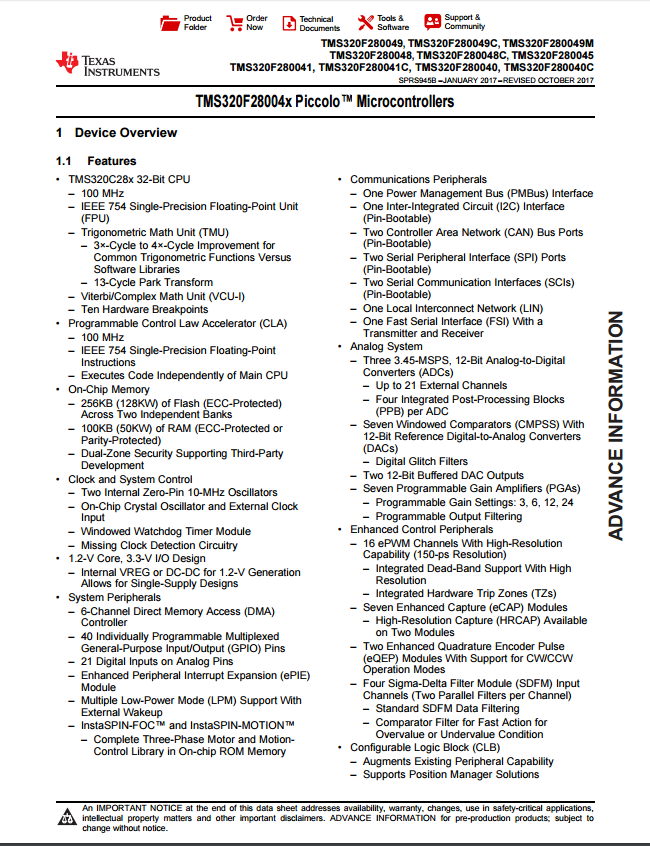 TMS320F28004x Piccolo™ 微控制器资料
