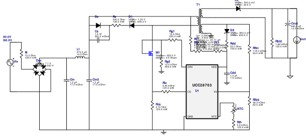 WEBENCH ® 设计报告 Design : 3728064/2 UCC28703DBVT UCC28703DBVT 180.0V-260.0V to 5.25V @ 2.0A