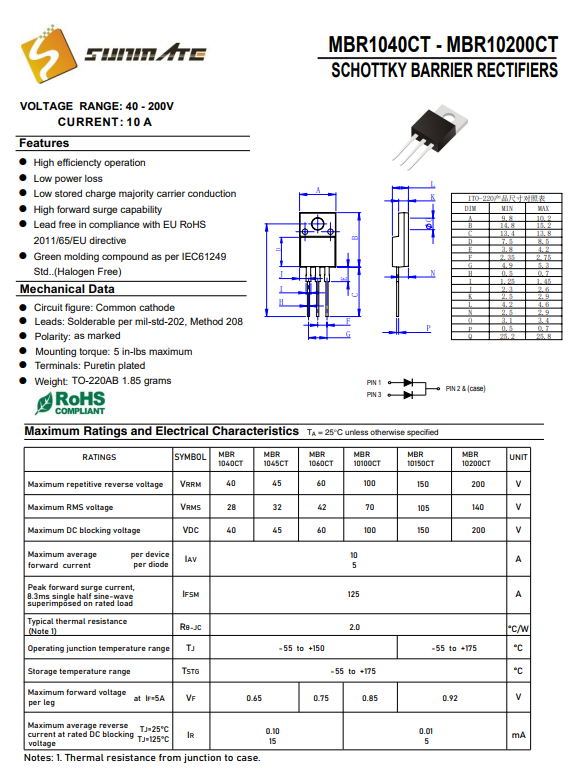 MBR10100<b class='flag-5'>CT</b>肖特基二极管TO-<b class='flag-5'>220AB</b><b class='flag-5'>封装</b><b class='flag-5'>大功率</b><b class='flag-5'>10A100V</b><b class='flag-5'>规格</b><b class='flag-5'>参数</b>简介