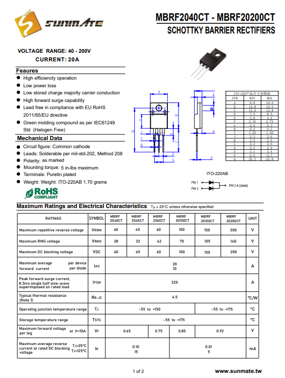 <b class='flag-5'>MBR</b>20150CT<b class='flag-5'>肖特基</b><b class='flag-5'>二极管</b>20A电流<b class='flag-5'>参数</b>规格