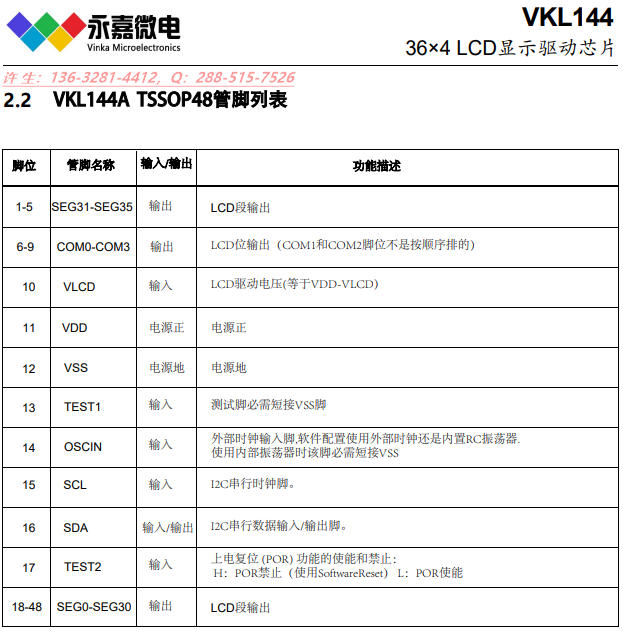 <b class='flag-5'>超低功耗</b><b class='flag-5'>段</b><b class='flag-5'>码</b><b class='flag-5'>LCD</b><b class='flag-5'>液晶</b>显示屏<b class='flag-5'>驱动</b><b class='flag-5'>IC-VKL</b>144A/B QFN48