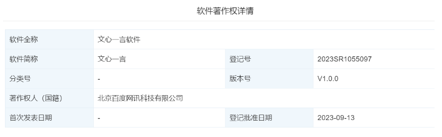 百度“文心一言软件”著作权获登记批准