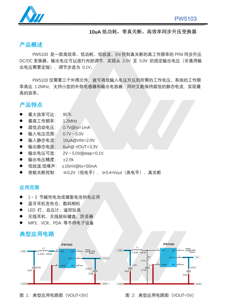 PW5103-3.3V输出 <b class='flag-5'>SOT23</b>-5L封装 1.2MHZ PFM同步升压<b class='flag-5'>DC-DC</b>转换器<b class='flag-5'>IC</b>