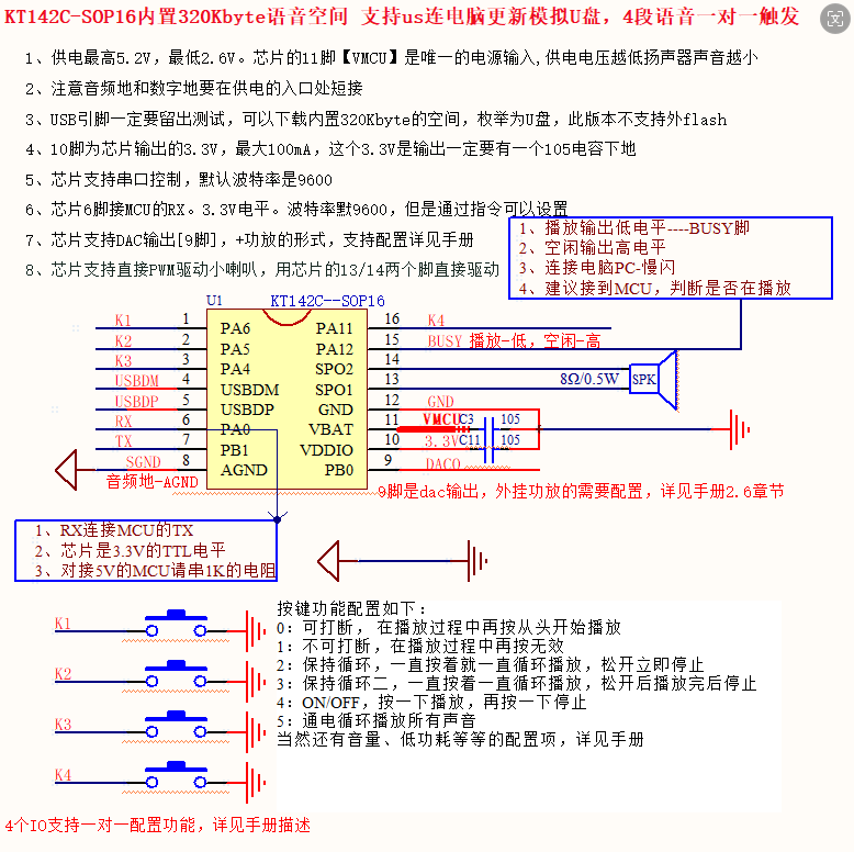 <b class='flag-5'>KT142C</b><b class='flag-5'>语音</b><b class='flag-5'>芯片</b>工作电压多少？电流是多少？<b class='flag-5'>串口</b>波特率多少？多大的喇叭？