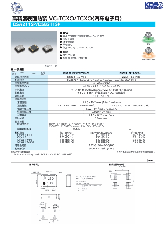 高精度<b class='flag-5'>表面</b><b class='flag-5'>贴</b><b class='flag-5'>装</b> VC-<b class='flag-5'>TCXO</b>/<b class='flag-5'>TCXO</b> 汽车电子用 DSA<b class='flag-5'>211</b>SP/<b class='flag-5'>DSB211</b>SP 详解