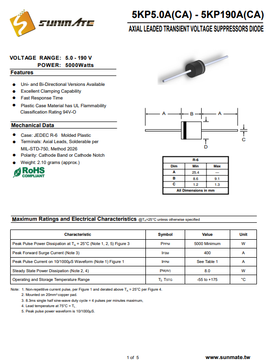 5KP8.0A<b class='flag-5'>二极管</b><b class='flag-5'>大功率</b>性能卓越电压稳定适用于多种威廉希尔官方网站
