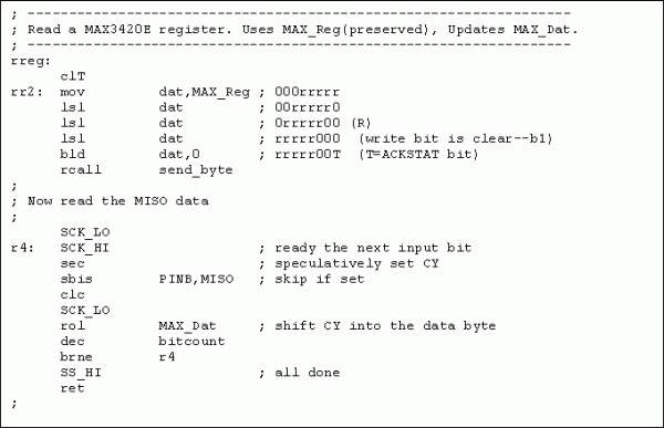 图9. AtTiny13对MAX3420E寄存器进行读操作的汇编程序。在此可以调整SPI接口的时序以提高光耦的性价比。