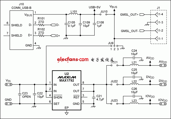 图1. MAX9259EVKIT原理图的电源部分