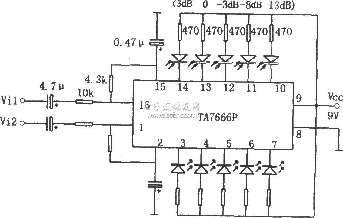 TA7666P双路五位LED电平显示驱动威廉希尔官方网站
原理图