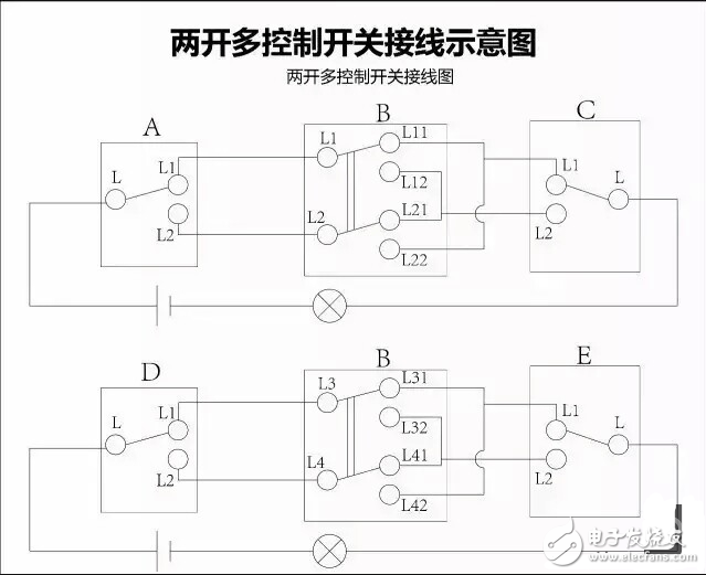 一开多控开关接线图_三控开关接线图_多控开关实物接线图