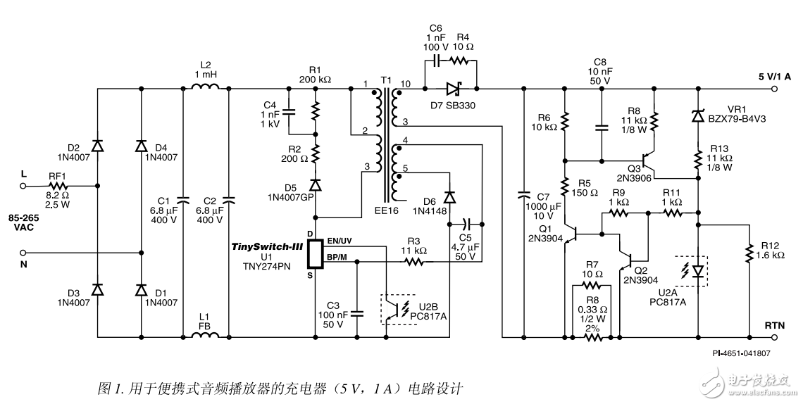 便携式音频播放器的5W高效率充电器参考设计